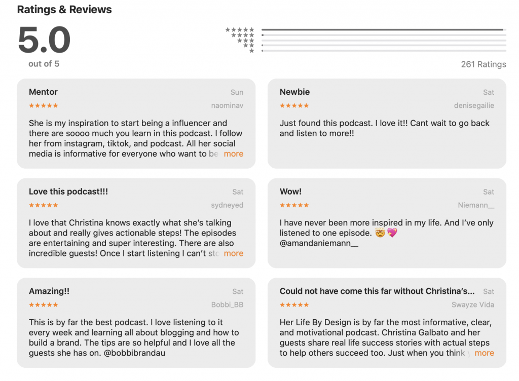 Ratings and reviews on Apple Podcast for Her Life By Design