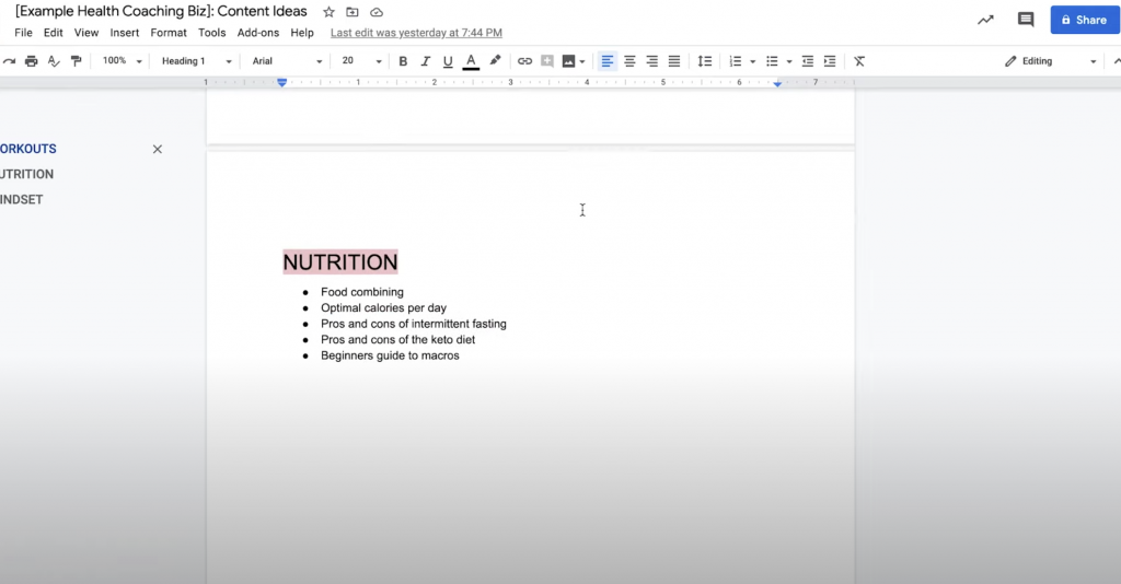 Google Doc filled out with content inspiration and ideas | How to Create a Strategic Content Calendar